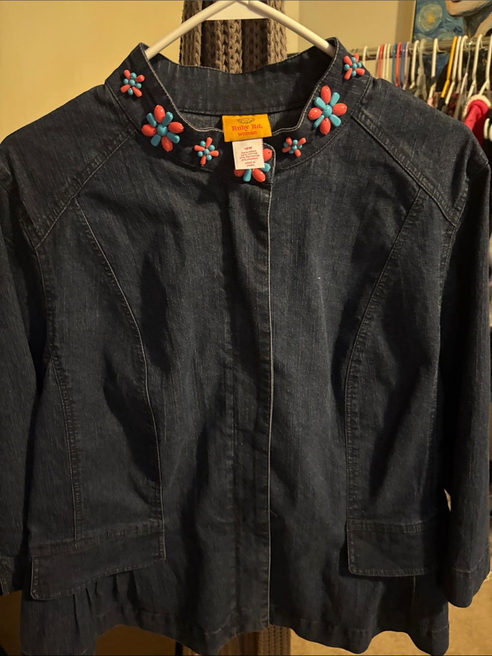 Ruby Rd. Dark Denim Jacket with Turquoise & Coral Flower Embellishments